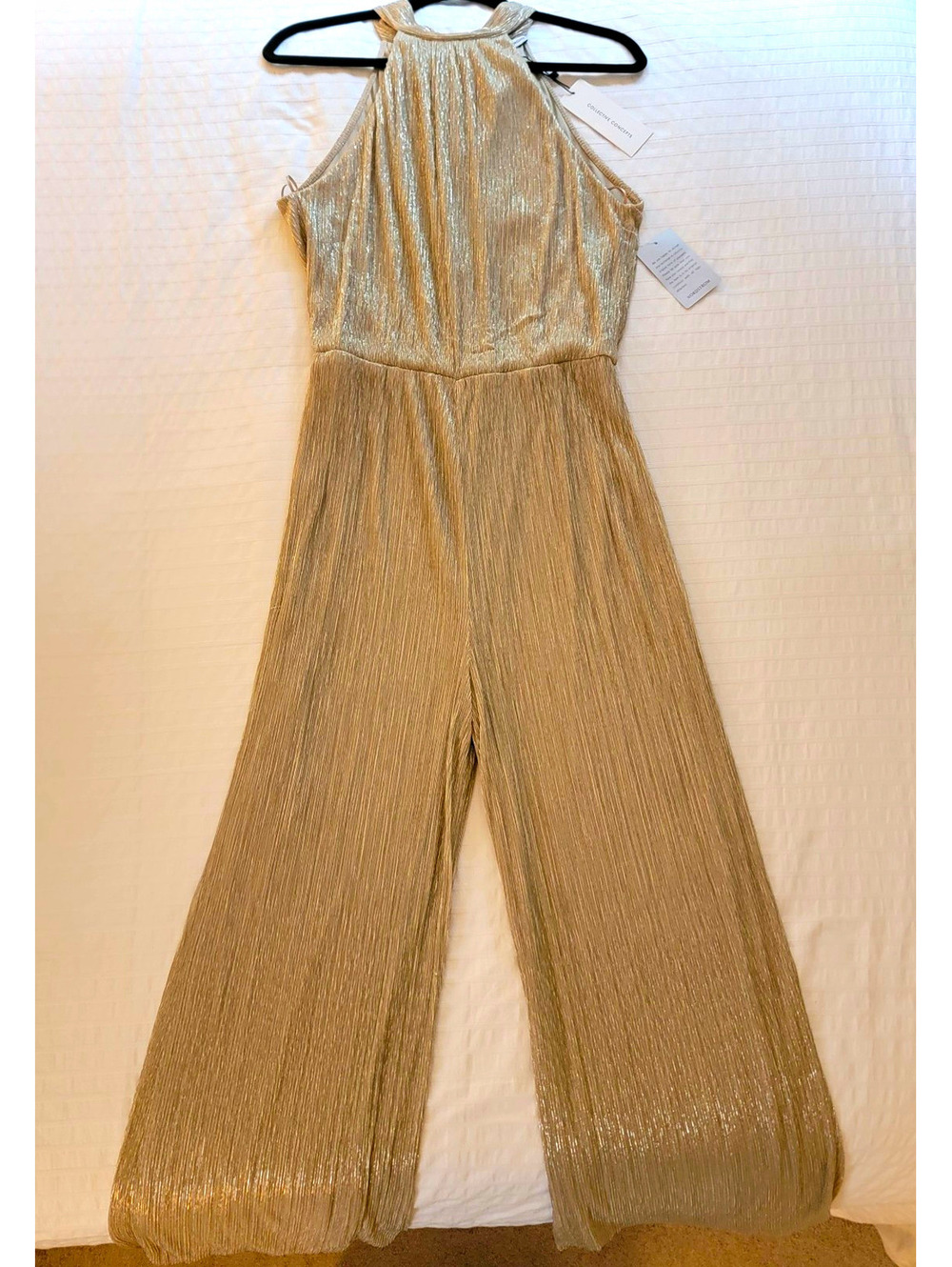 NWT Collective Concepts Women's Gold Metallic Pleated Halter Wide-Leg Jumpsuit M